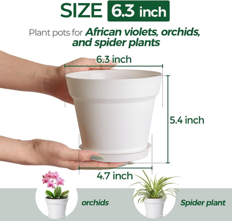 T4U 6 Inch Plant Pot 8-Pack, Plastic Planter with Drainage Hole and Saucer, Decorative Nursery Pots Bulk for African Violet, Snake Plant, Succulent, Herb and Plants Indoor (8 Pcs 6" Pots, White) - Image 2